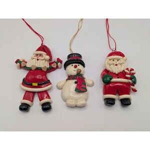 Vtg Lot of 3 Clay Dough Christmas Ornaments Santa W Hearts Candy Cane Snowman